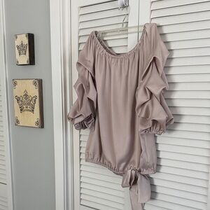 Silky champagne color off the shoulder top
